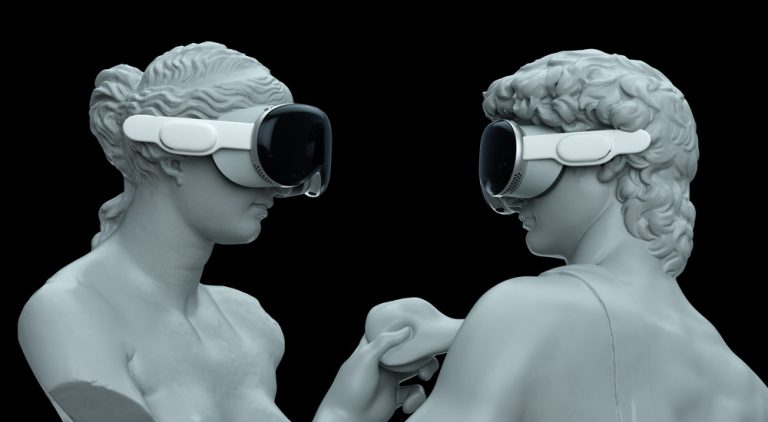 Two Greek statues, one woman and one man, face each other while wearing VR goggles